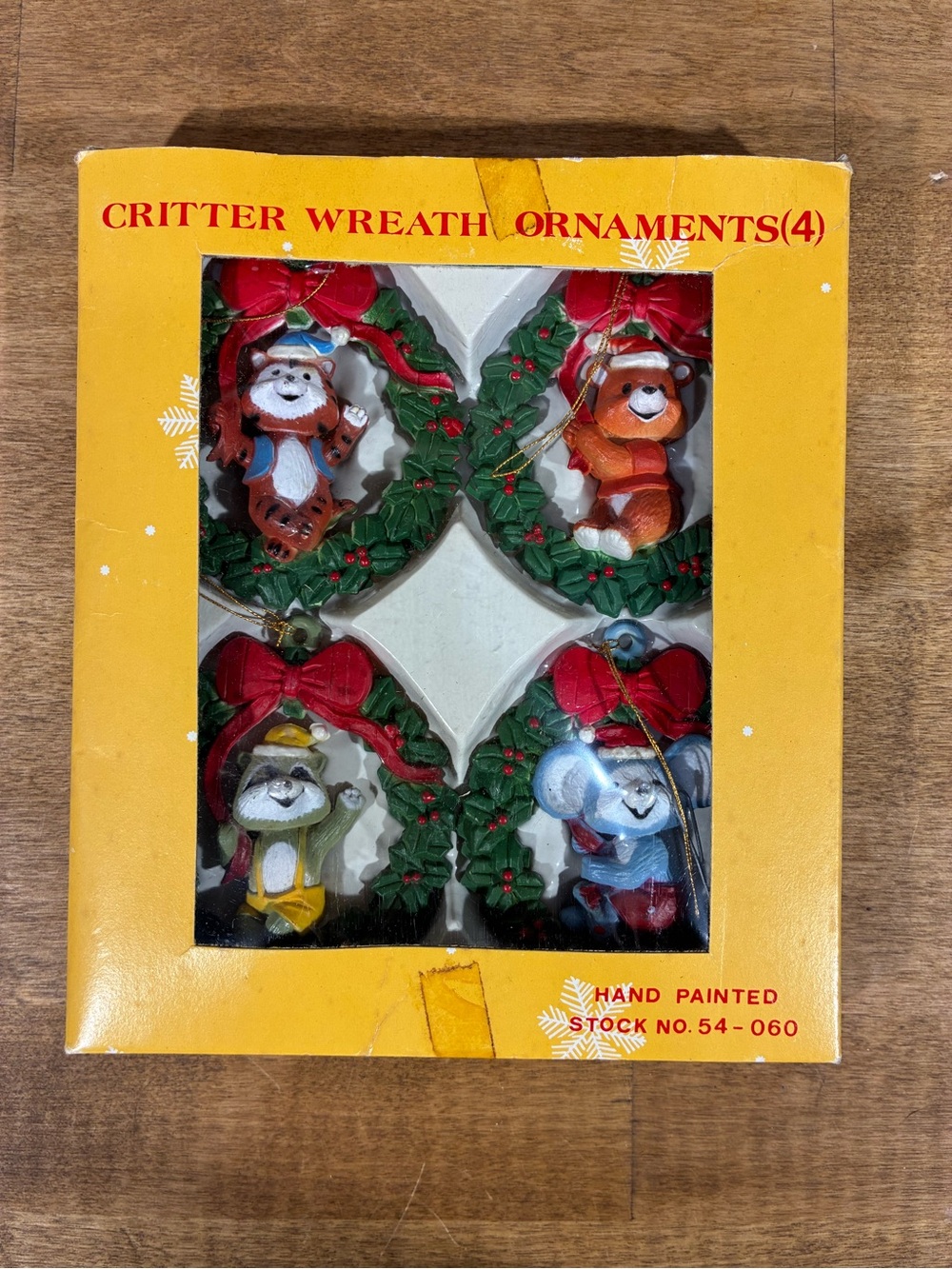 Vintage Critter Wreath Ornaments Set 4 Hand Painted Resin Christmas #54-060